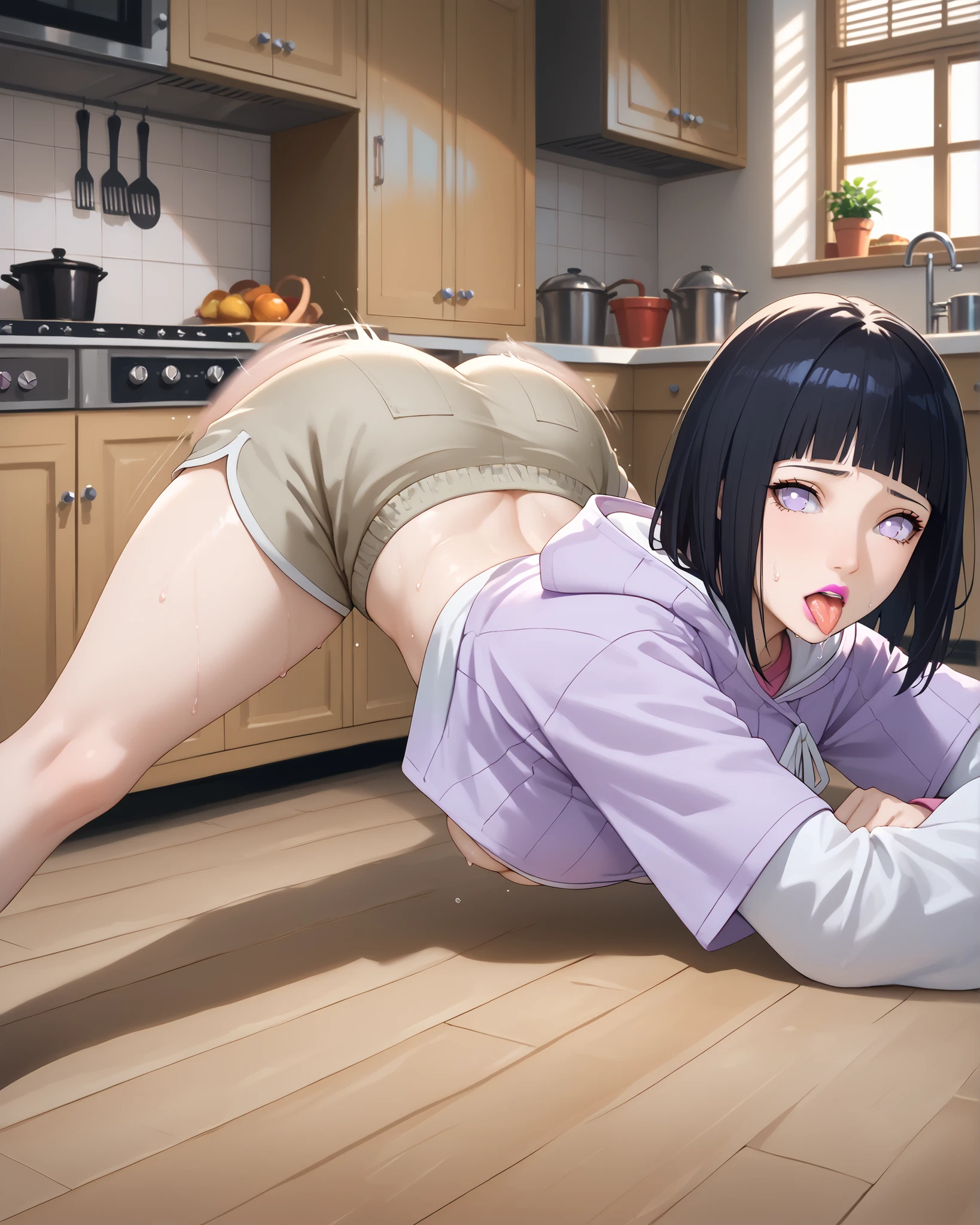masterpiece, best quality, amazing quality, 1girl, sweat, motion blur, motion line, breast bouncing, highres, underboob, very aesthetic, absurdres, 1girl, hinata_boru, bangs, medium hair, black hair, hood down, hoodie, layered sleeves, Brown dolphin shorts, Pink lipstick, jack-o'_challenge, looking at viewer, Background in the kitchen, Back view, Saliva, tongue sticking out,