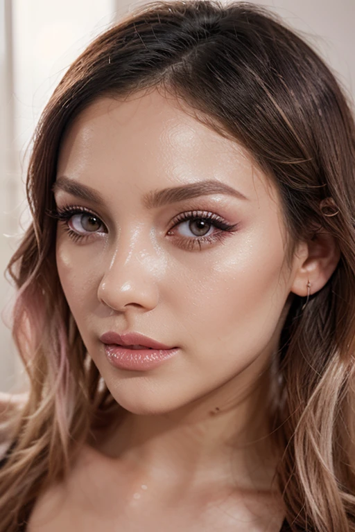 1 girl, 1, close up shot, detailed face, cute face, peach skin tone, smooth skin, blush red cheeks, light smirk, cute makeup, heavy makeup, long eyelashes, long eyeliner, smokey eyeshadow, heavy eyeshadow, glossy dark pink lipstick, glossy lips, heavy makeup, soft light