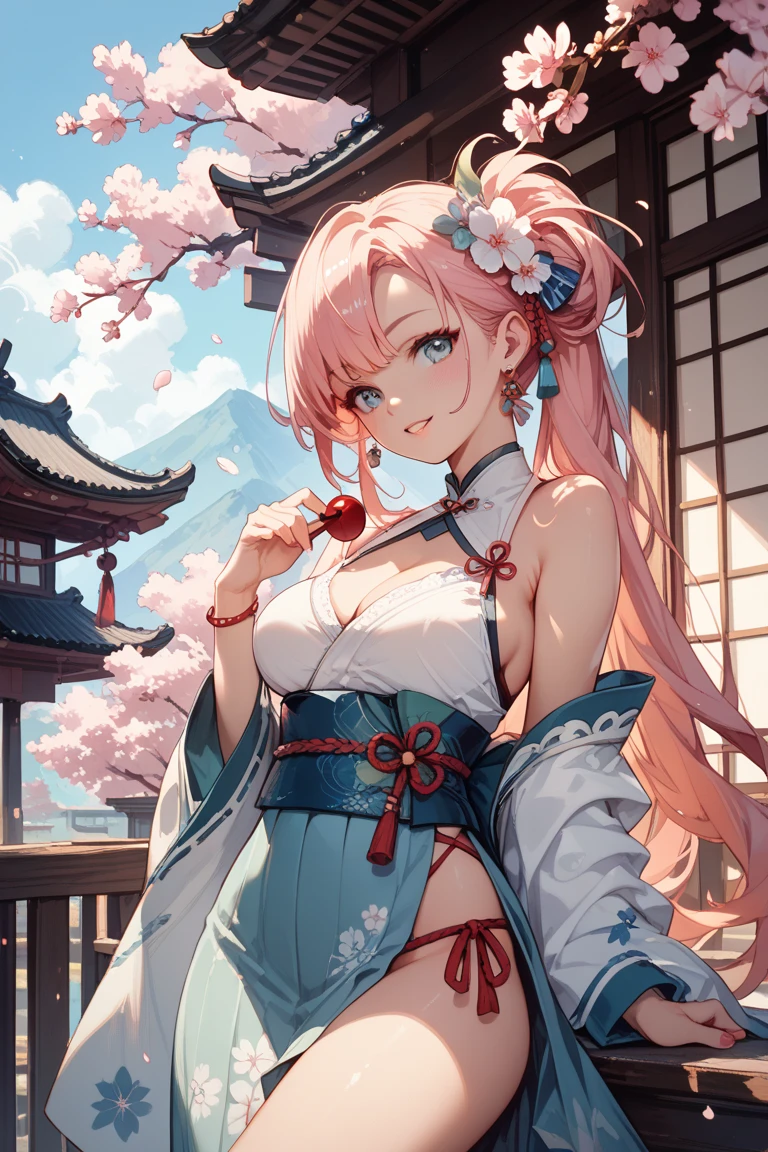 Highest quality、Masterpiece、Super detailed、8k、4K、1 girl、Light pink hair、Soft long hair、Aquamarine Eyes、Big Tits、Cleavage、Cat ear、Japanese style maid、bell、ribbon、Cherry tree、SakuraFubuki、Cat Eyes、bellのチョーカー、bra、The chest is open、Japanese fantasy world