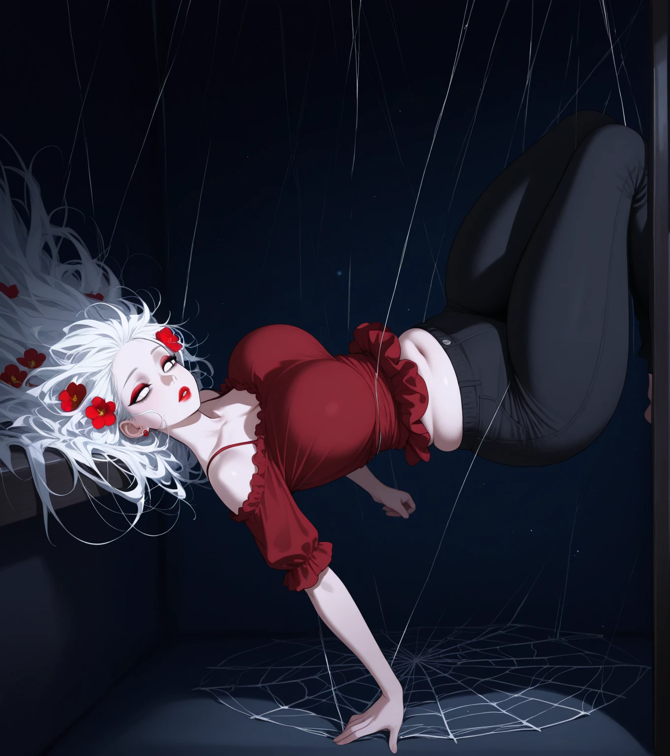 (best quality), (masterpiece), very aesthetic, absurdres, high res, all detailed, realistic, 1girl, (two side up), long hair, silver hair, (red pencil Dress, one side shoulders armor with Cape, red pencil miniskirt), medium cleavage, Gauntlet, boots, [black thigh-highs], [white panties], (injury skin, scar skin, bleeding skin, torn clothes:1.1), Broken Armor, BREAK (spiderweb, cobweb restrained, spider web covering the room, tangled strands of the web:1.2), zettai ryouiki, kneeling, armpits, (closed eyes), cry, tears, sigh, blush, sweat, (prison), cinematic lighting, diffraction spikes, 