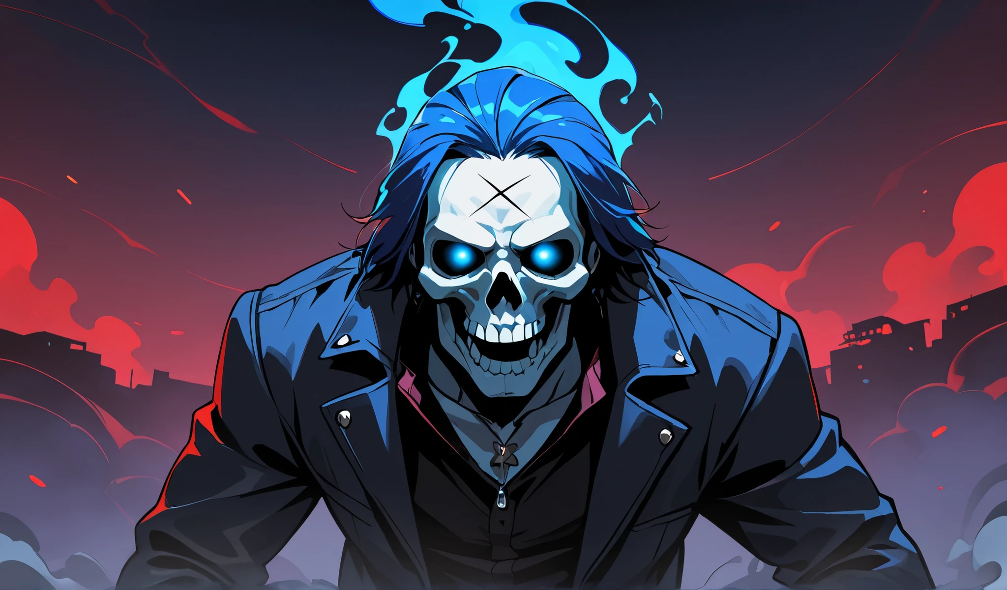 "Living sculpture, perfectly shaped body, multicolored fire hair, skull face, just like those of the Ghost Knight! Broken chains adorn the wrists, in a forest at night, creating a magic circle of star-shaped fire, with orange and purple colors in a degrade."