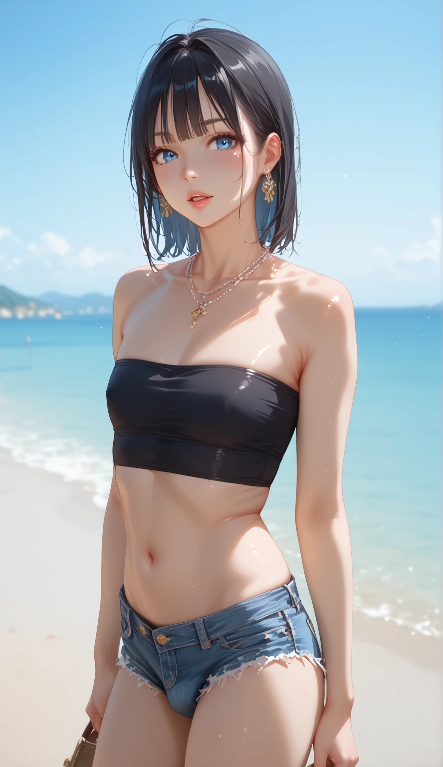 off-shoulder bikini, off-shoulder bikini, purple bikini,, ultra detailed, masterpiece, best quality, aesthetic, detailed,, solo, seductive smile, red lips,
1girl, purple eyes, red hair, blunt bangs, medium breasts, low hair rings, 