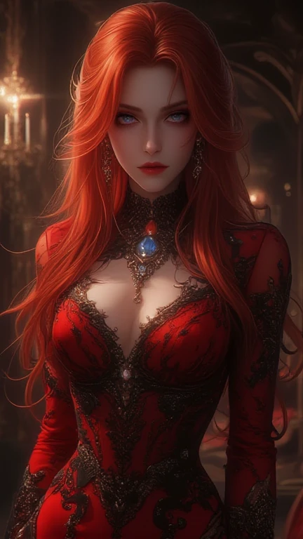 ((Best quality)), ((masterpiece)), ((realistic)), (hyperrealism:1.2), portrait shot, ((blood vivid red hair)), mature woman, 30 years old, diamond face, moonlight, red starry sky background, depth of field, magic, big red lips, ((dark black eyes)) black and red long and full dress, covered chest, mystical atmosphere, ominous shadows, Intense blue aura, Intense red aura (best quality:1.2), absurdres, intricate details, (highly detailed skin:1.2), smile expression, posing, taut and well defined body, attractive. Highly realistic, pale skin, beautiful, hyperrealism, skin very elaborated, direct gaze