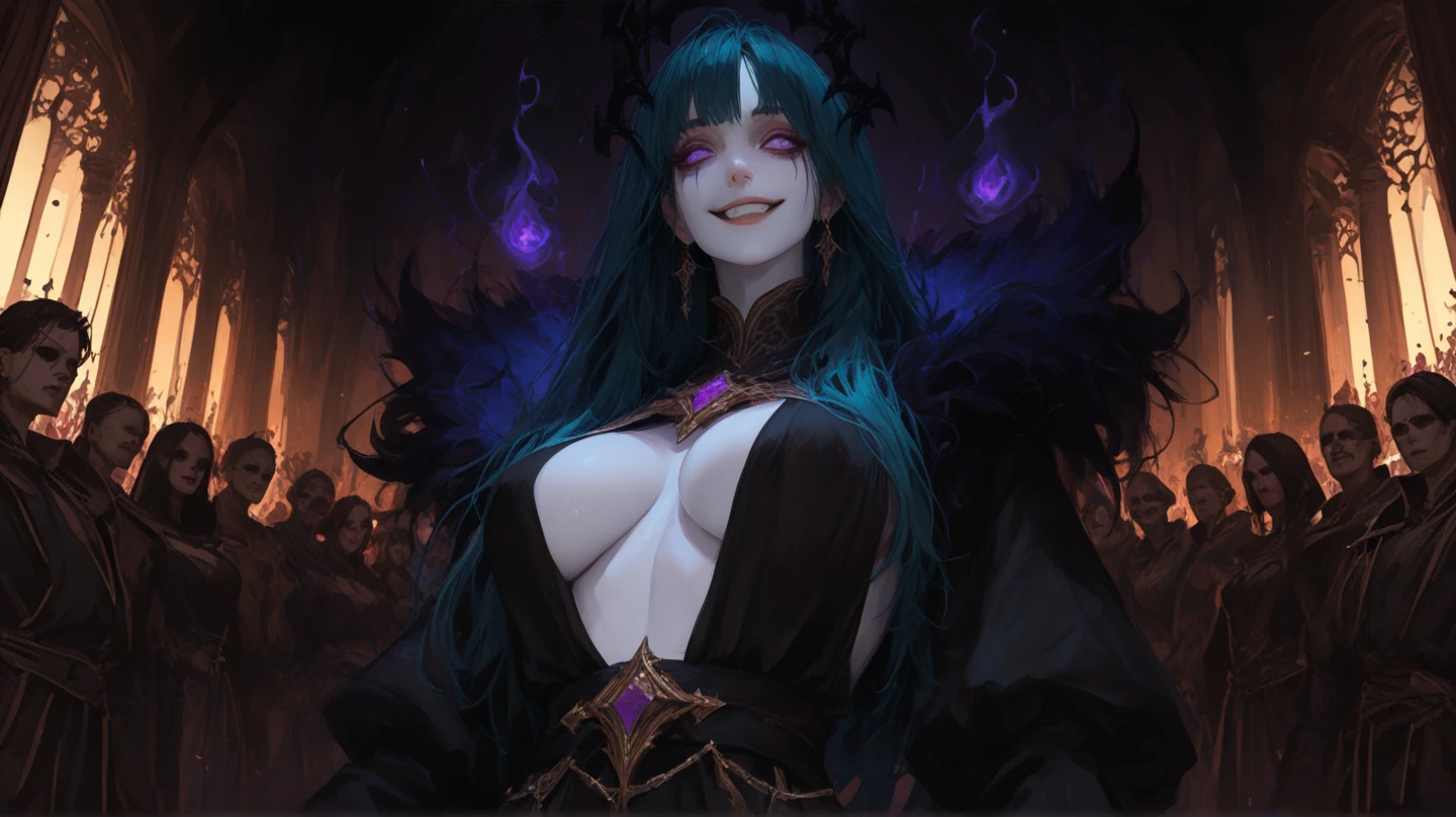 long black hair, blue skin, long elf ears, violet eyes, solo, smiling, standing, upper body, hips, gigantic breasts