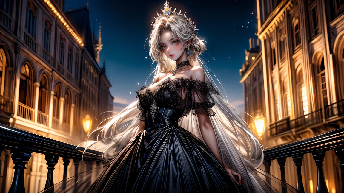 (ultra realistic,32k, masterpiece:1.2),(high detailed skin:1.1),( high quality:1.1),
eft_fairytail_mirajane, (blue eyes:0.5), cleavage, solo, long hair, choker, white hair, collarbone, dress, black dress, bare shoulders, bangs pinned back,,(looking at viewer, standing,:1.1),, huge breast,large breast,,(ambient lighting:1.1), twilight haven, twilight skies, tranquil waters, realm of mythical creatures, blurry background, miabell4