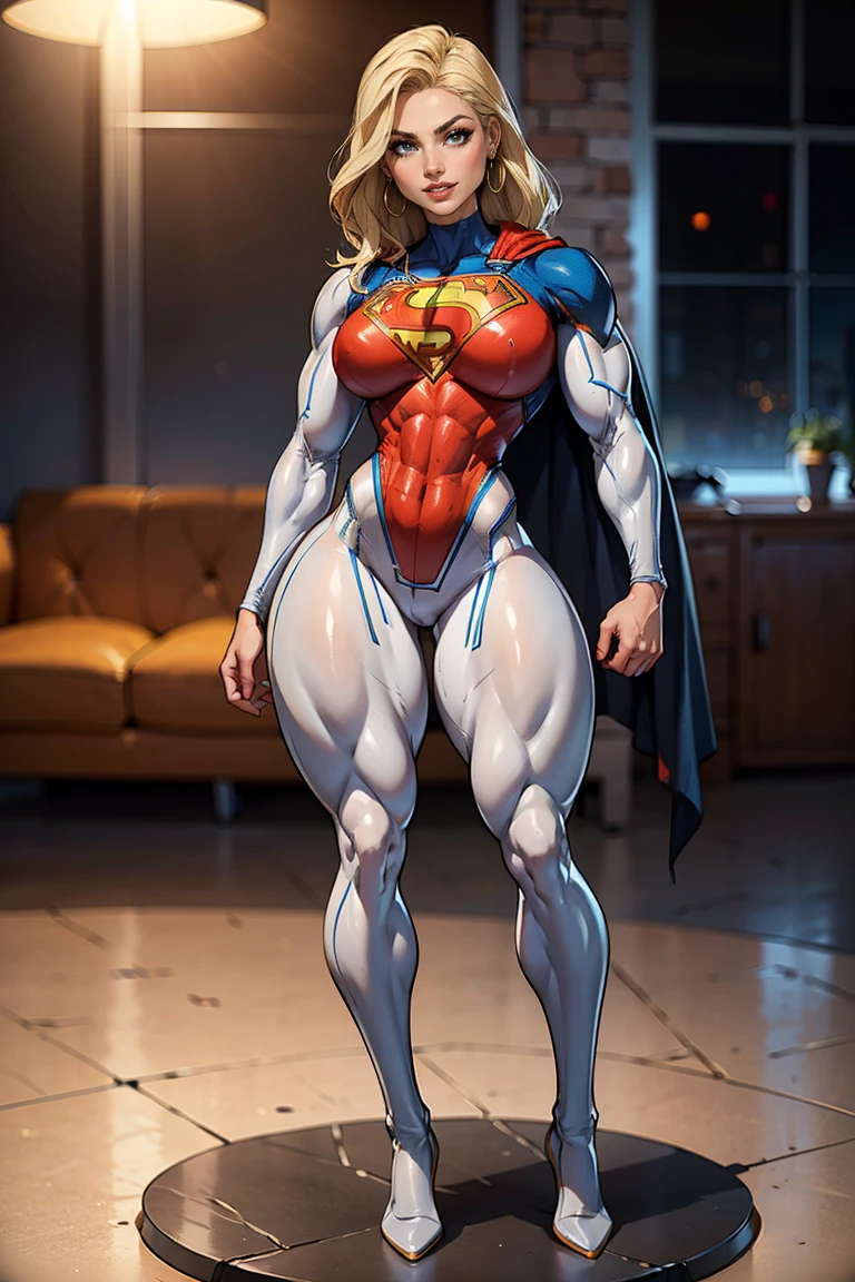 (Muscular:1.9), (thick thighs:1.9),
blonde female, (supergirl), (big smile:1.7), (blunt bangs), (ponytail:0.8),
earrings, lipstick, eyeshadow,
hard nipples, (small breasts:2),
(full body suit, blue bodysuit, cleavage:1.6), (small cape:1.3), (choker:1.2),
looking at viewer, from above, (upper body view:2.1),
(skyline background), rim lighting, two tone lighting, dim lighting, bokeh, detailed skin, detailed eyes