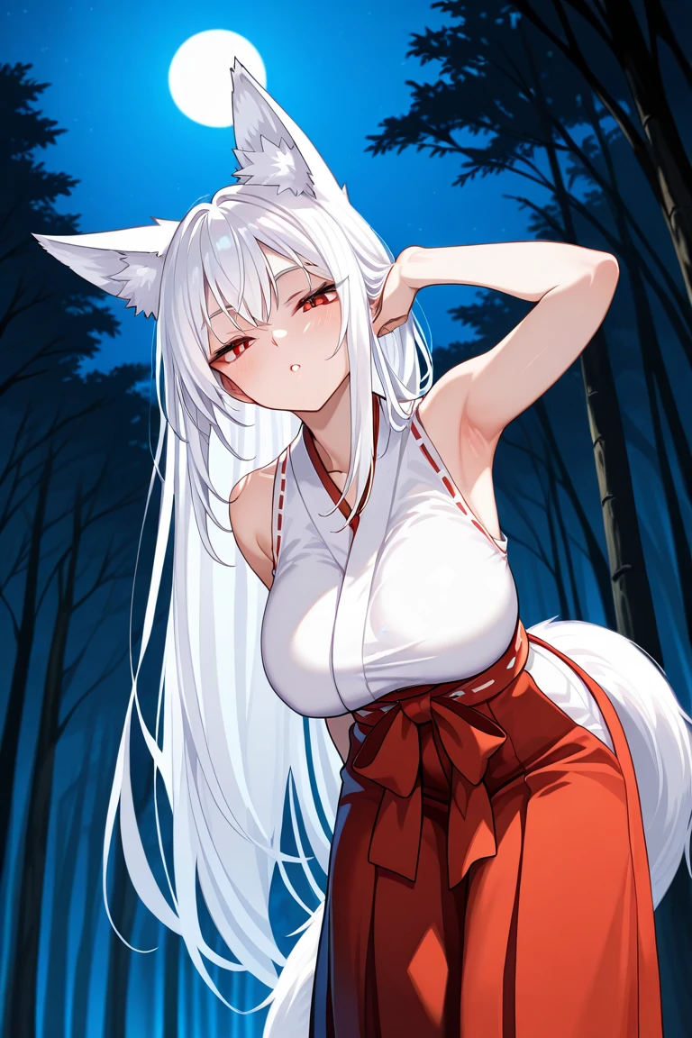 (masterpiece:1.2), (highres:1.2), 1girl, solo, medium breasts, white_hair,fox_ears,solo_focus,very_long_hair,breasts,large_breasts,tail,animal_ears,white_tail,long_hair,looking_at_viewer,animal_ear_fluff,parted_lips,fox_tail,breasts_squeezed_together, outdoors, white kimono,