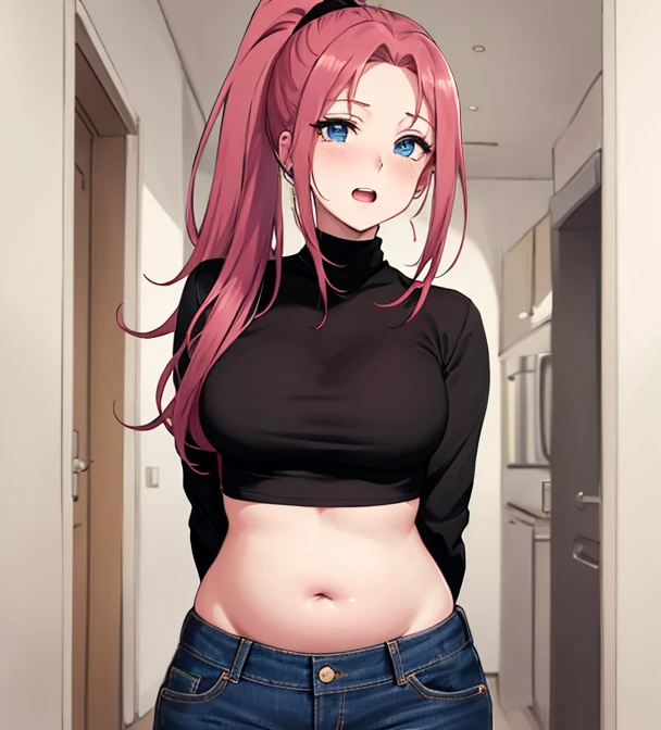 (Girl wearing a thick sweater)、(Redhead)、青い目をしたanime女の子、(Big Breasts), ((Loose knitted sweater:1.4)), (hot pants:1.2),魅力的なanime女の子, anime女の子 con pelo largo, 美しいanime女の子, かわいいanime, anime, かわいいanime, 最高のanime, 萌えanimeアートスタイル, かわいいビジュアルanime, 肖像画のanime, anime, 魅惑的なanime, (anime), 若いanime、Yellow star hair ornament