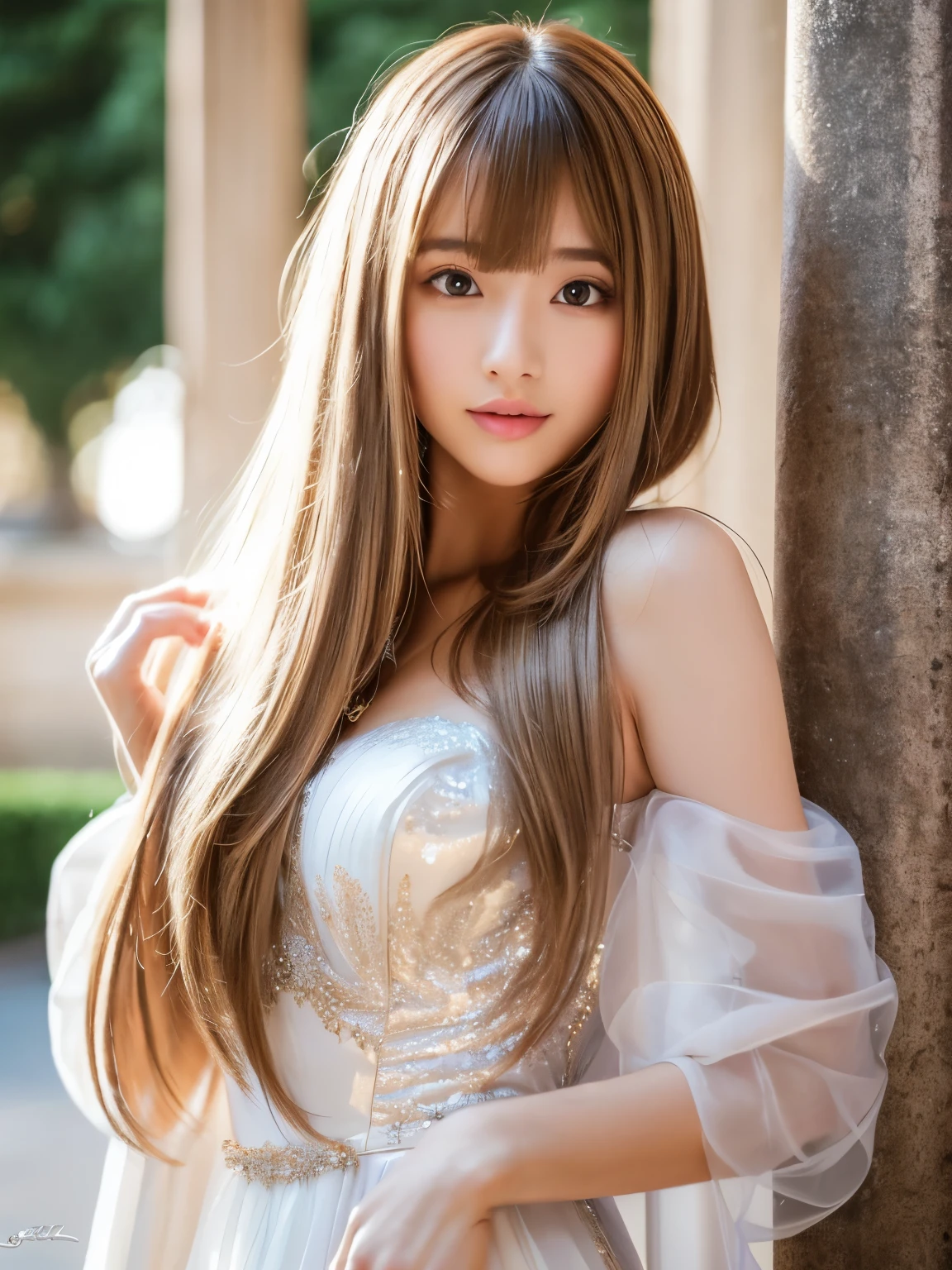 (highest quality, 32k, High resolution, masterpiece:1.5, ), A haunting fantasy photograph in an abstract style, ((In a swirl of fantastic pastel colors and soft light)), Evoking a sense of calm and elusive beauty, Expressing emotions, Have a rich imagination, Cute Japanese Girls, An exceptionally beautiful face, ((whole body)), Perfect Human Anatomy, Magical big eyes, A kind smile, motherhood and tolerance, ((Shiny platinum brown super straight long hair)), Beautifully styled, thin and delicate hair, Beautiful asymmetrical bangs, Hair between the eyes, Transparent and soft skin, Neat, thin eyebrows, double eyelid, Pale pink lips, ((Red see-through transparent camisole,)), White Museum, High resolution perfect clavicle, Beautiful chest in high resolution, Slender body with ample breasts, High resolutionの美しい太もも, Soft sunlight, Professional Lighting, Professional Photographer, Professional Model,mysterious