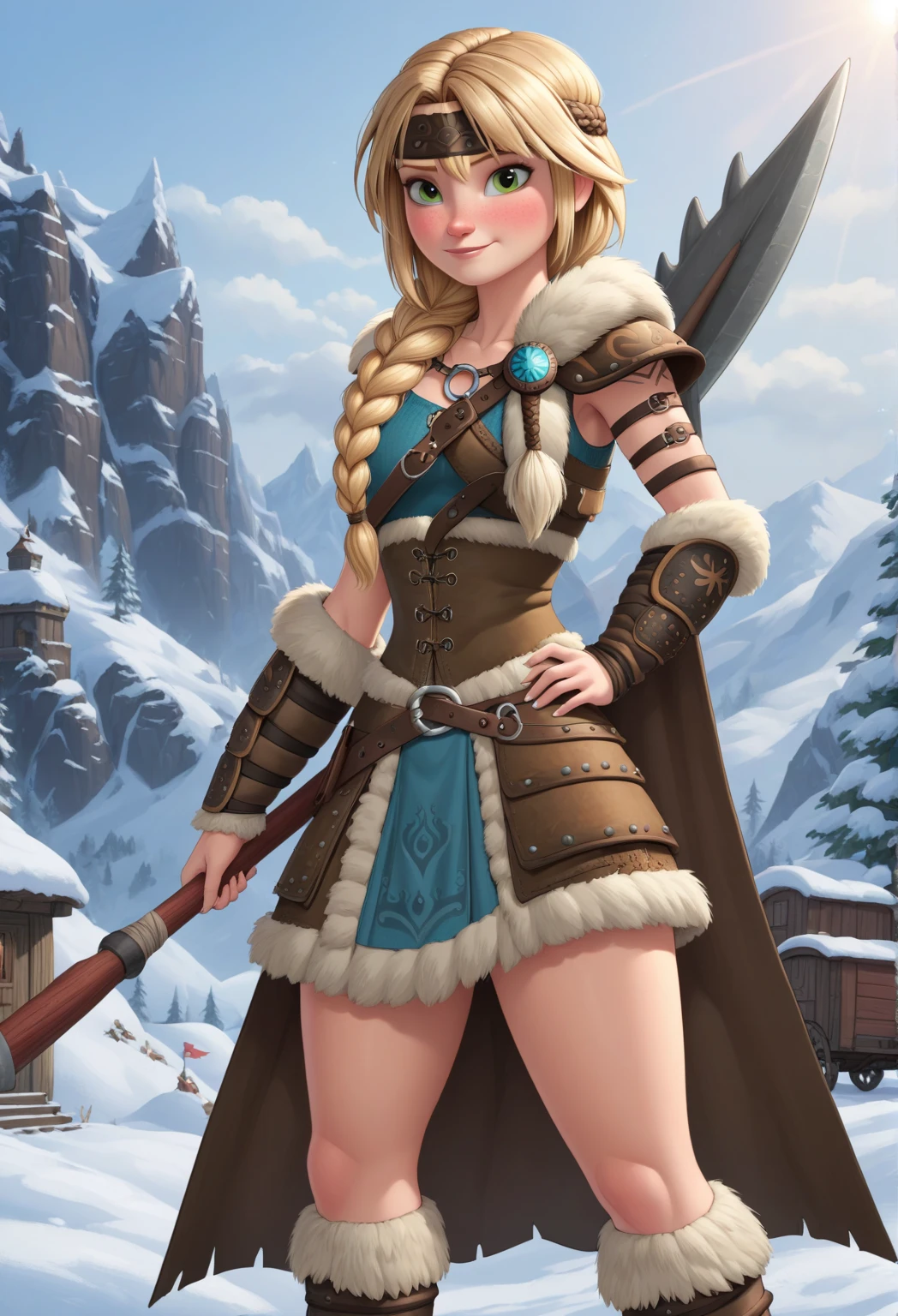 Tyra, blond hair, braid, red check tattoo, blue eyes, smug, solo, upper body, standing, smug, cowboy shot, covered nipples,
TyGear, cleavage, leather bikini, cameltoe,
fantasy, snow mountain,
(insanely detailed, beautiful detailed face, masterpiece, beautiful detailed eyes, best quality)
<lora:Tyra:0.8>