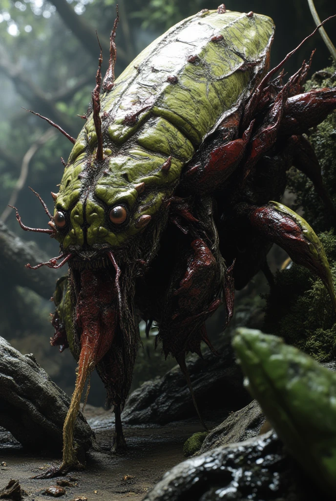 masterpiece、highest quality、Ultra-Realistic Rendering、蟹のような女性のalien、Fusion with Crab、蟹型alien、alien、Extremely intricate details、Wet texture、The bottom of the sea where light shines、