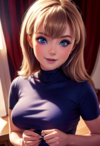 (realistic, photorealistic, intricate, 3d, unreal engine:1.2), atmospheric cinematic lighting, absurd res, highly detailed, masterpiece, best quality, extremely aesthetic, UHD, 8K, 1girl, adult, highly detailed facial features, detailed background, indoors, living room, (blonde hair, high ponytail, smile, smirk, smug), (blue eyes), (upper body, torso, head, portrait), (t-shirt, shirt lift, lifting own shirt, presenting medium breasts, nipples),