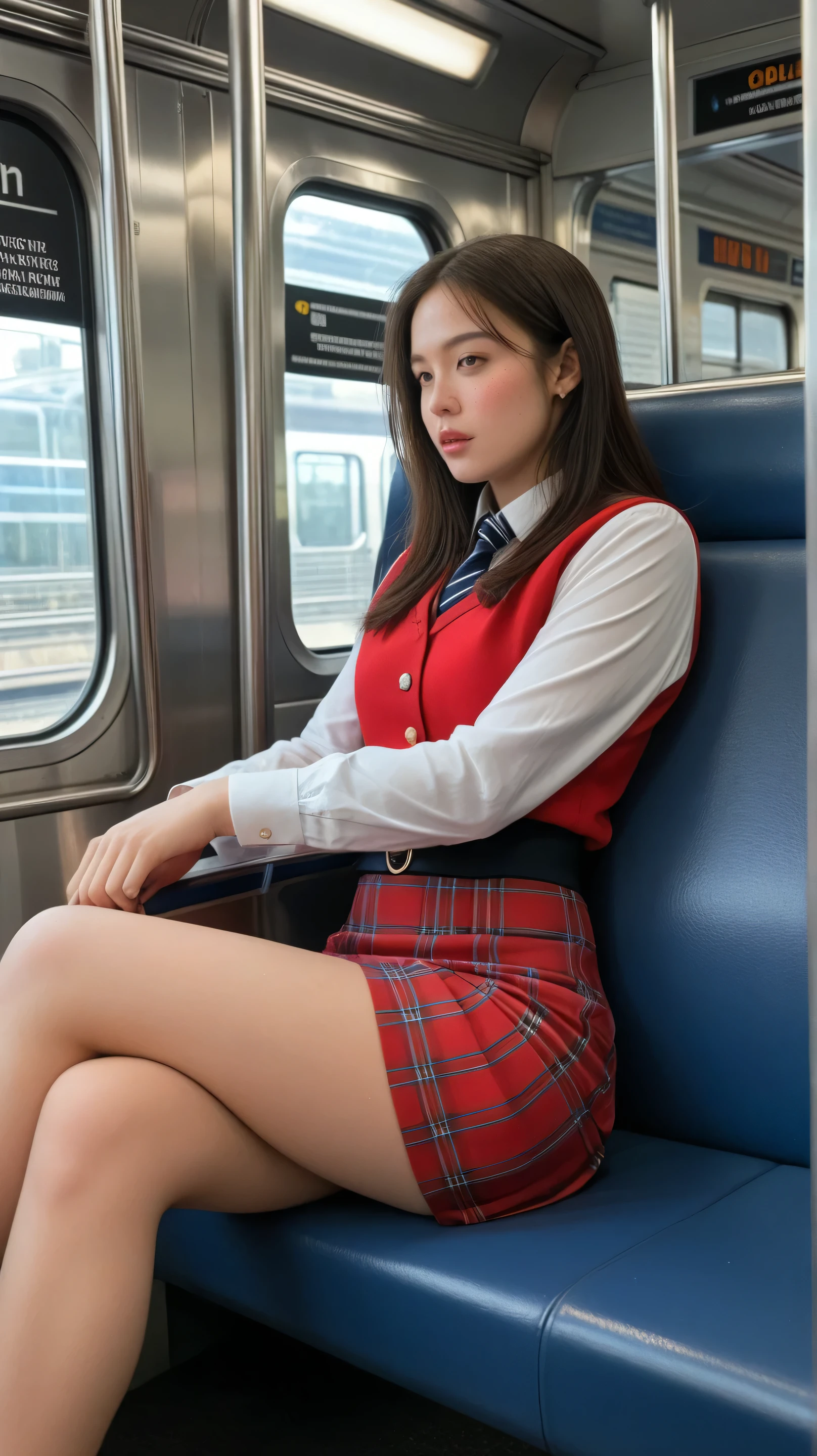 "(Masterpiece, High Definition, Ultra High Definition, 4K) Black hair, 14 years old Japan girl, uniform skirt, emphasizing thighs, white thighs, soft thighs, glossy thighs, sitting on the train, face-to-face angle, (angle from below),sitting in the train seat,Sitting in front,Zoom camera in the crotch,Feet on the train floor,Full body,Looking down and sleepy,Looking at the viewer only", best quality, ultra high definition, (photorealistic:1.4),, high resolution, detail, raw photo, sharp re, Nikon D850 film stock photo by Lee Jefferies 4 kodak portra 400 camera f1.6 lens rich colors hyper realistic lively textures dramatic lighting unreal engine artstation trends cinestir 800,