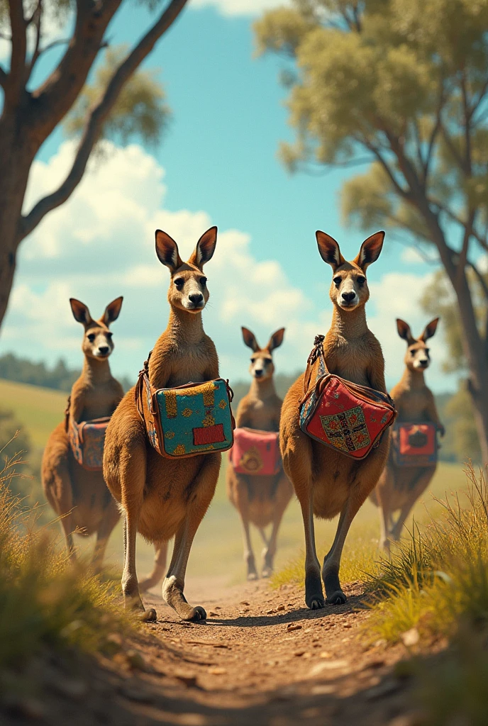three kangaroos standing in a field with a blue bandanna around their necks, kangaroos, subject: kangaroo, subject : kangaroo, in australia, australian, kangaroo, australia, spy kangaroo, trending ，, aussie, portrait shot, pete davidson walking a kangaroo, in the australian outback, video, gorgeous, australian bush, australia intricate, australian outback, ultra definition