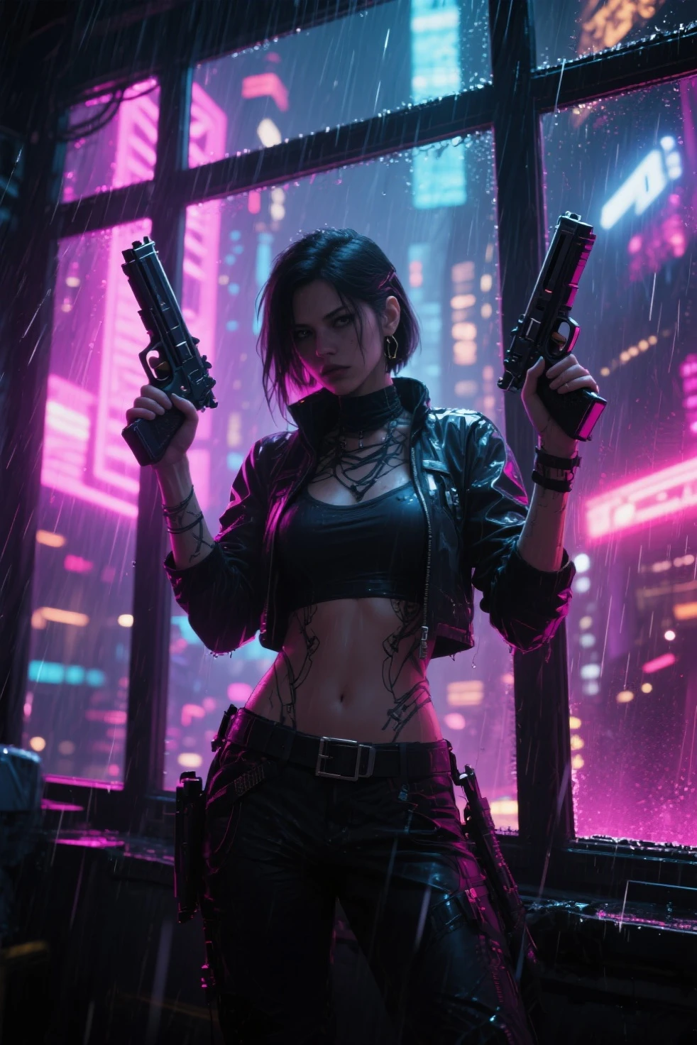 In a dimly lit cyberpunk bar, a striking woman stands at the center of attention, radiating confidence and sensuality. She's the leader of a powerful gang, known for taking down rivals with ease. The atmosphere is tense and charged with danger, with neon lights casting a pink and blue glow across the room. Her outfit is a mix of leather and metallic fabrics, with sharp edges and sleek silhouettes. Shot in the gritty and edgy style of Hideo Kojima, every detail of the scene pops with vibrant colors and intricate textures.