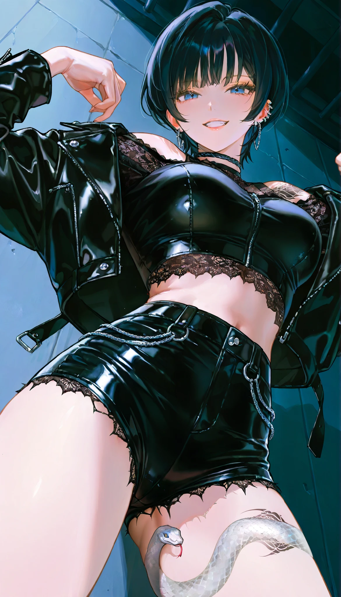 1 female, pretty face , short hair, black hair, bangs, Blue Eyes , college background, pierced ears,medium breasts,lacy black crop top,open off-shoulder black leather jacket, tight cutoff jean shorts,Mature Woman, dynamic angle from below, grin, seductive pose, raise arms, twin snake tattoo on thigh