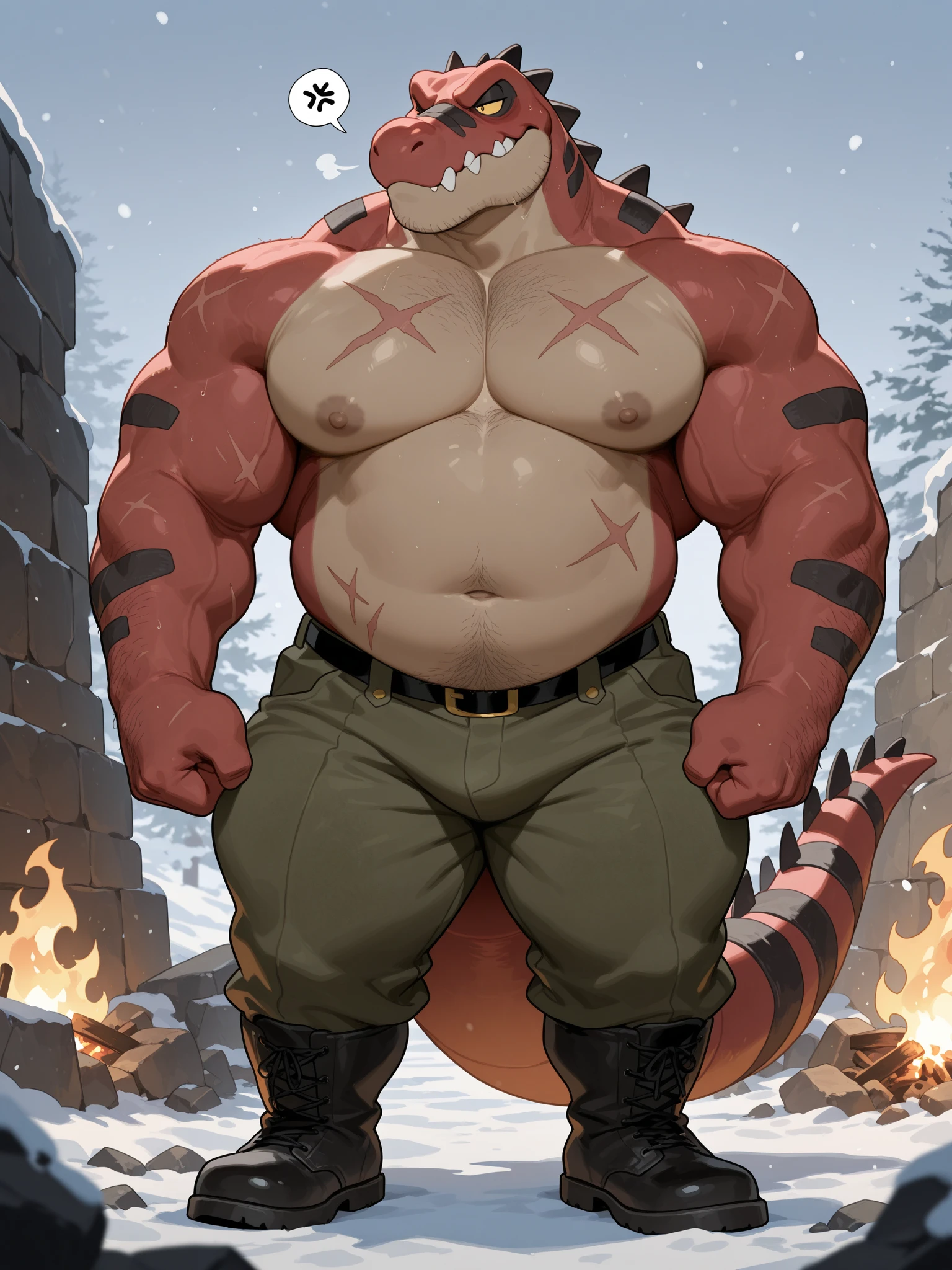 nj5furry, masterpiece, best quality, high resolution, digital painting \(artwork\), by (by canyne khai, (by takemoto arashi), by null-ghost, by kiyosan, by milkytiger1145), montgomerygator, humanoid, solo, 1male anthro, 1boy, scalie, alligator, red mohawk, star sunglasses, crocodile tail, full body, standing, on rooftop, railings, detailed eyes, red eyes, glowing eyes, glistening eyes, shadows, grin, grinning, glowing light particles, light particles, glowing bubbles, clouds, shadows, outdoors, patio, background, afternoon, sunlight, sunrays, glowing, stars, shooting stars, sky, clouds, detailed clouds, lens reflections, detailed purple speedo, big underwear bulge