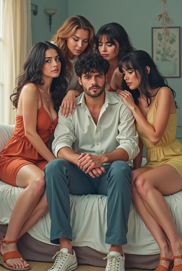 Create a family inside a salon, onde uma mulher tem cabelos e olhos castanhos escuros e pele clara, um homem loiro, three children according to the genetic combination of the man and the woman, and a Bengal tiger on the floor, based on 18th century European aristocracy.
