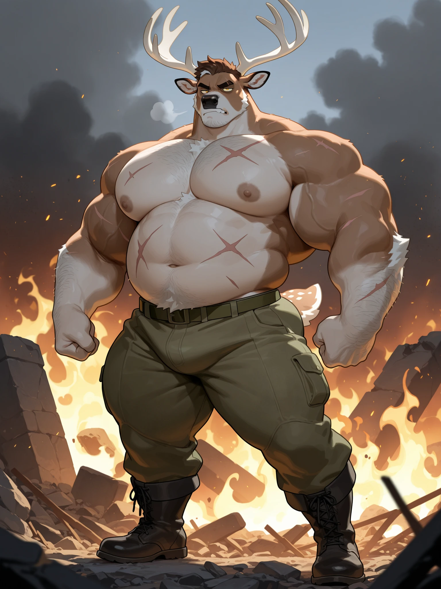 bolt the dog, 4k, high resolution, best quality, detailed, posted on e621, solo, anthro body, masculine, male, (very muscular:1.2), (plain background, explosion background, backlight:1.1), (correct anatomy):1, (detailed eyes:1.1), sexy, (cel shaded:1.2), cartoony shading, (strong shadows, dramatic shadows):1.2, confident, (by wfa, by meesh, by Taran Fiddler), strong, (half body, upper body:1.1), collar,