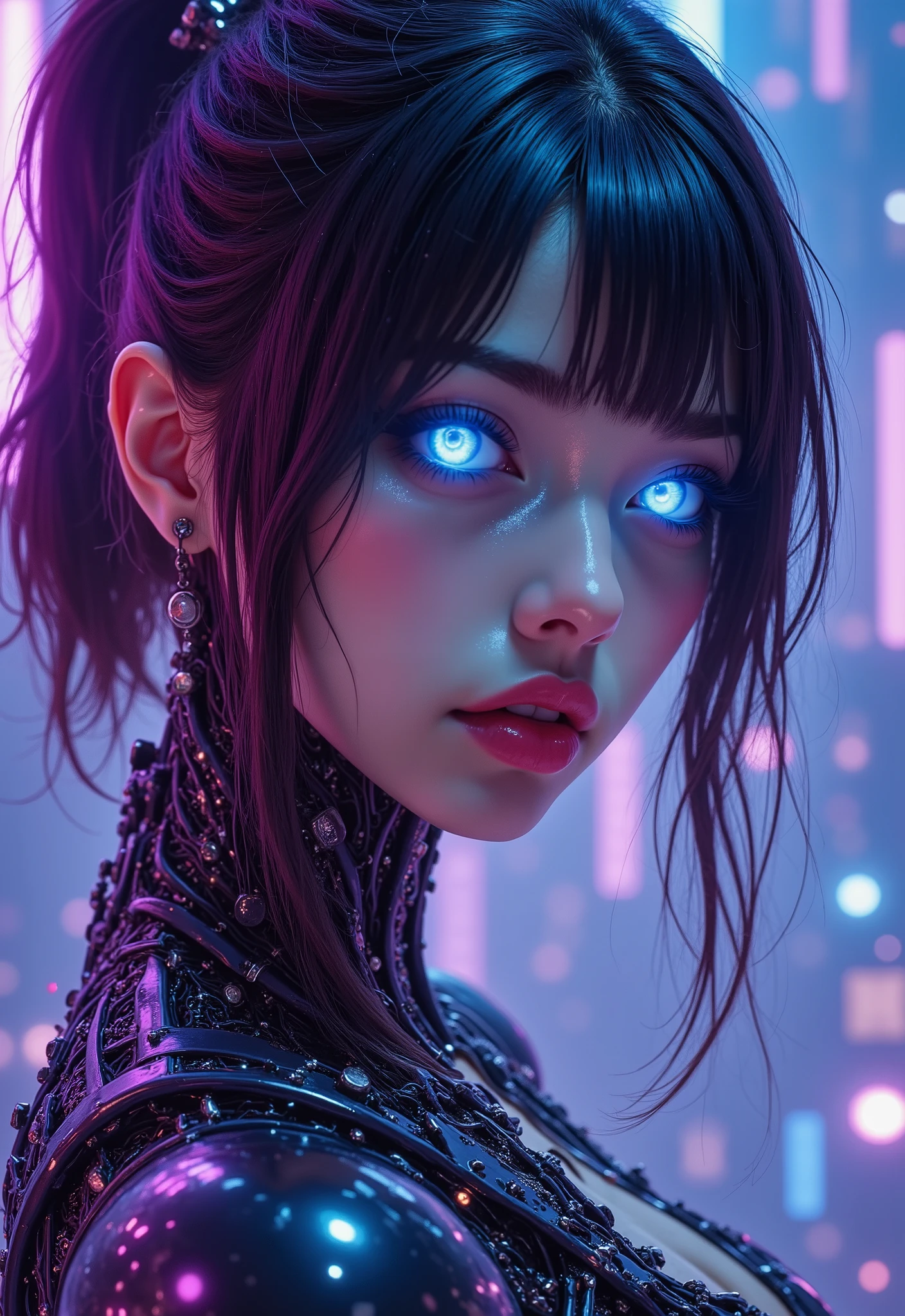 "female anime character, bright neon blue eyes, galactic background with circuits and particles. Cinematic anime style, alta qualidade, 8k. Paleta: preto, azul-neon, Cosmic purple, rosa techno."