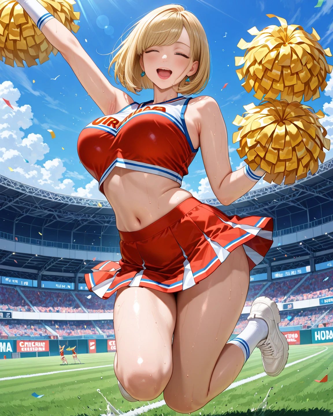 ((Highest quality)), ((masterpiece)), (detailed), Perfect anatomy, cute, big breasts, plump, cheerleader, excitement, Olympics, anime style, mini skirt, stadium, French flag