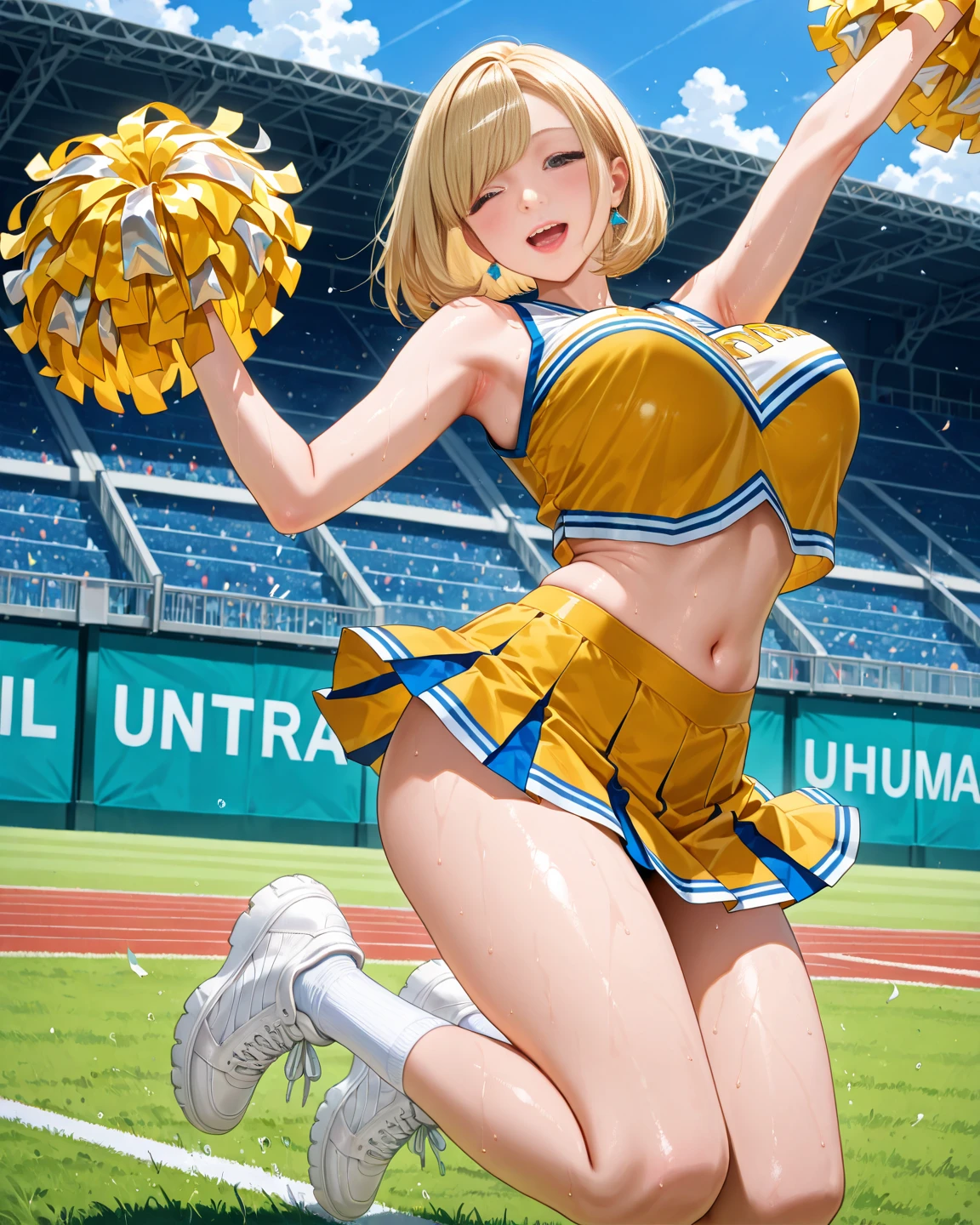 1 boy and 1girl are having sex, spread legs, legs up, huge breast, slender waist, nsfw, penis, knee high socks, (skindantation:1.4), (gleaming skin:1.2), (excessive cum:1.3), ((top-quality、8K、photographrealistic:1.4、​masterpiece))、Back lighting、highly detailed facial textures women、18year old、(((cheerleaders:1.2)))、((Stadium Background:1.2))、super-detaild skin、beautiful make up、A detailed eye、open open mouth、Drooling、I'm crying、Glossy blonde messy short hairstyle、a quatting、Colossal titassive on the chest, gigantic breasts, blonde bob, 