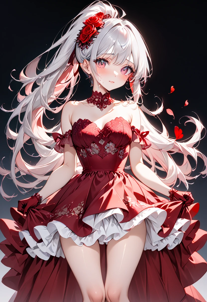 masutepiece, Best Quality, 1girl in, Solo, long_hair, up looking_で_viewer, White hair, Red Eyes, Smile, Bangs, Skirt, Shirt, long_sleeves, hat, Dress, Bow, Holding, Closed_Mouth, flower, frilld, hair_flower, flower petals, bouquet, Holding_flower, Center_frilld, bonnet, Holding_bouquet, Tachi-e, Full body, White background, nsfw nsfw nsfw nsfw nsfw nsfw nsfw nsfw nsfw nsfw masturbating squirting pussy