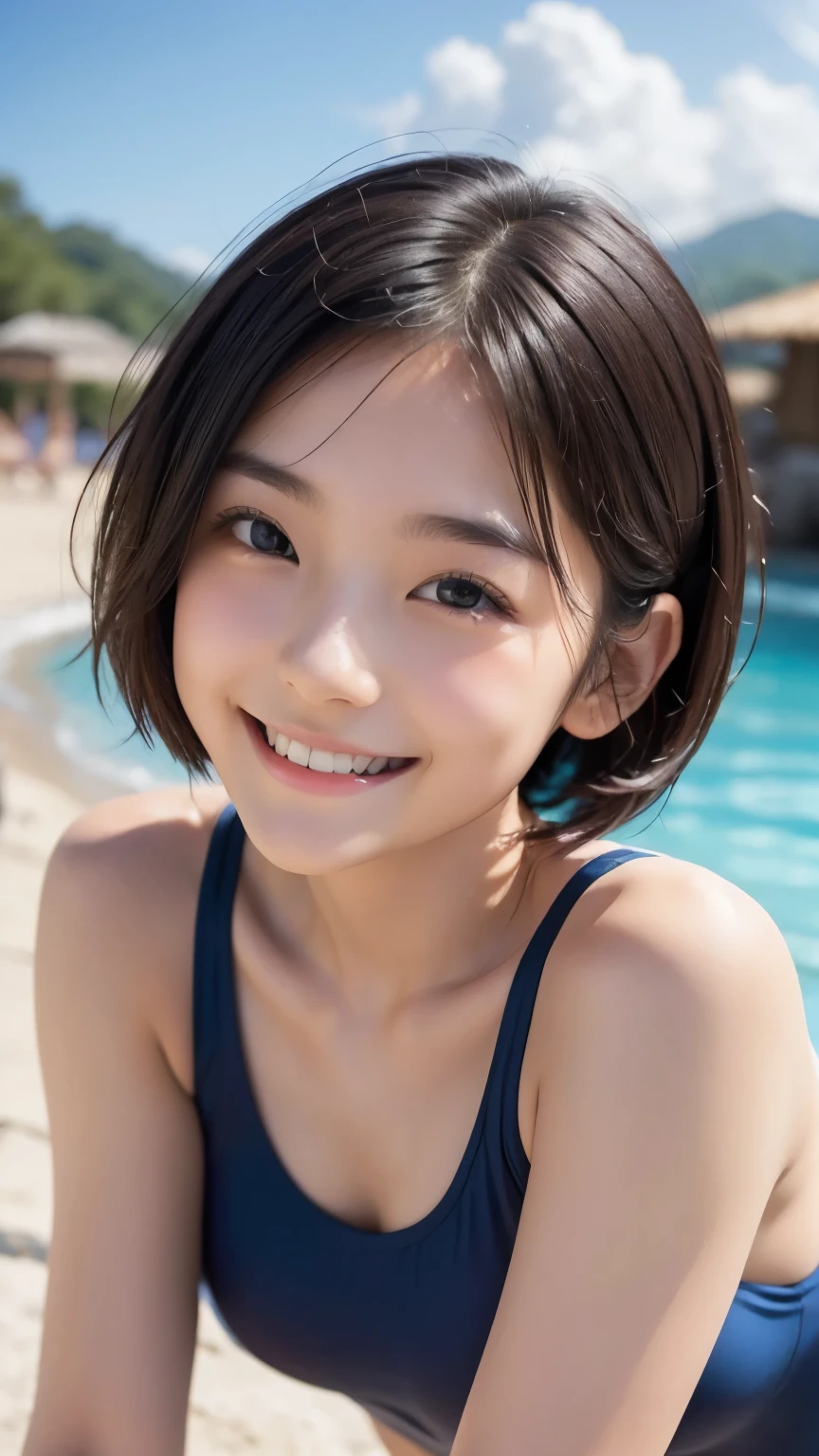 1girl, solo, (smile:1.25), cute japanese girl, (loli), break,
straight hair, (short hair:1.75), (hair over one eye:1.5), (flat chest:1.1), break,
(dark skin:1.35), (sweaty skin:1.2), break,
wet, (wet clothes:1.2), navy tank top only, break,
(face close up:1.75), (from above:1.5), (leaning forward:1.5), (hands on knees:1.35), break,
Height, Low Height, lens: 135mm f1.8, break,
(highest quality), (RAW Photos), (8k, RAW photo, best quality, masterpiece:1.2), (realistic, photo-realistic:1.4), (extremely detailed 8k wallpaper), highest quality, masterpiece, High resolution,
in the lake,