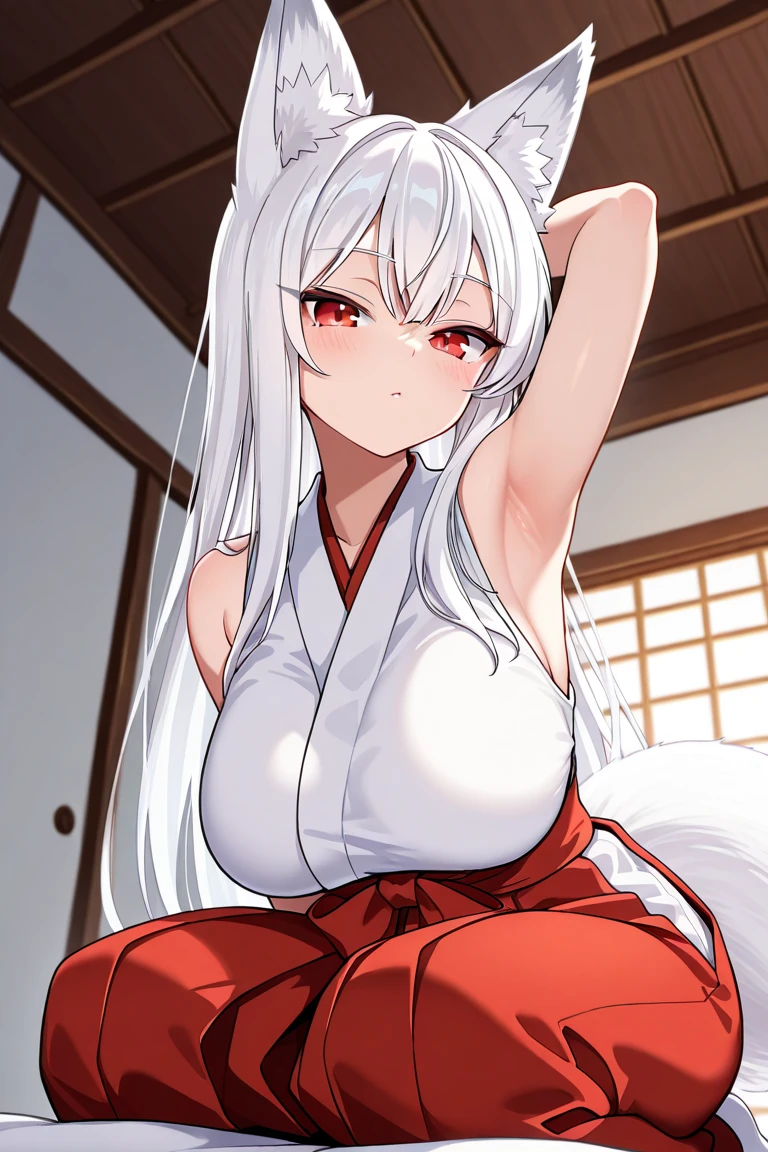 front view, 1girl, milf, woman, big breasts, wide hips, miko outfit, long white hair, white fox tail, fox ears, kitsune, milf red eyes, full lips, smiling at viewer, sitting seiza, nighttime tatami room background, ultra-detailed, sketchy style, UHD, UHD, UHD
