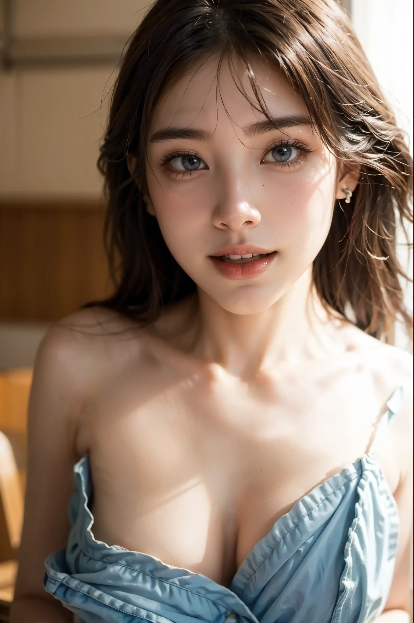 masterpiece, best quality, ultra-detailed,
(realistic:0.2), CG, 4k, 8k, illustration, natural lighting,
(beautifuly detailed background :1.1),(perfect anatomy, correct limb, correct finger),
(beautifuly detailed cute), (beautifuly detailed eyes),
(beautifuly detailed oily skin,medium breasts :1.1),
(glowing eyes:1.2), (Slender:1.3),
(1girl, solo), (depth of field),
smile, blush, looking at viewer, ((looking up:1.2)), from above, (__output__), blue eyes, black hair, bangs, hair bun, outstretched hand, lips, foreshortening
