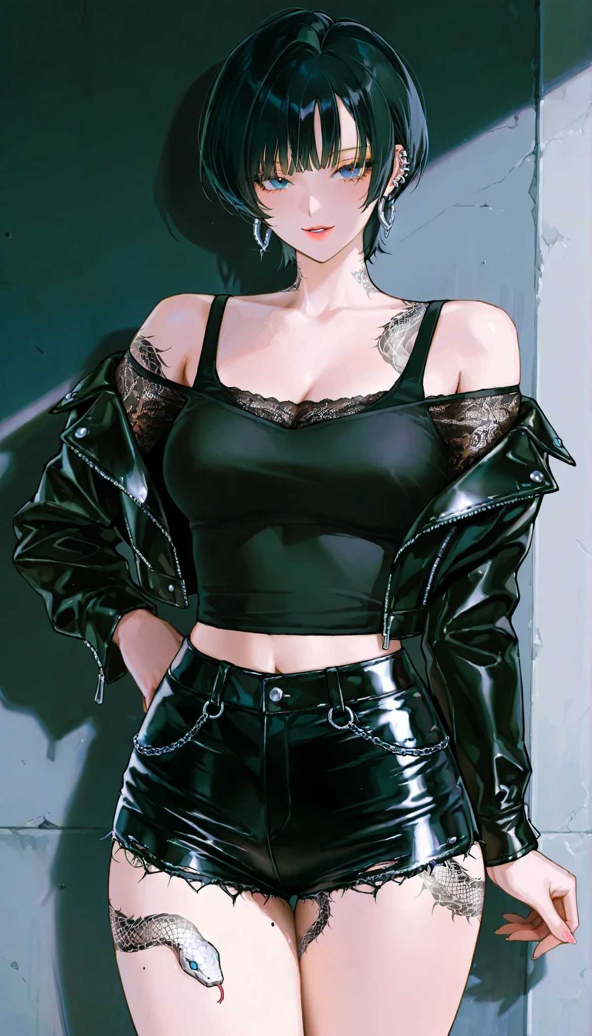 1 female, pretty face , short hair, black hair, bangs, Blue Eyes , college background, pierced ears,medium breasts,lacy black tank top,open off-shoulder black leather jacket, tight cutoff jean shorts,Mature Woman, seductive pose, twin snake tattoo on thigh