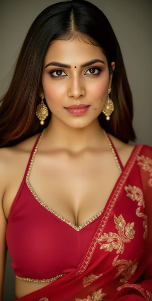 a close up of a woman wearing a red and orange sari, traditional beauty, assamese aesthetic, with lovely look, inspired by T. K. Padmini, traditional makeup, indian girl with brown skin, wearing a steampunk sari, with professional makeup, dressed in a sari, wearing bihu dress mekhela sador, indian, indian style, wearing a sari