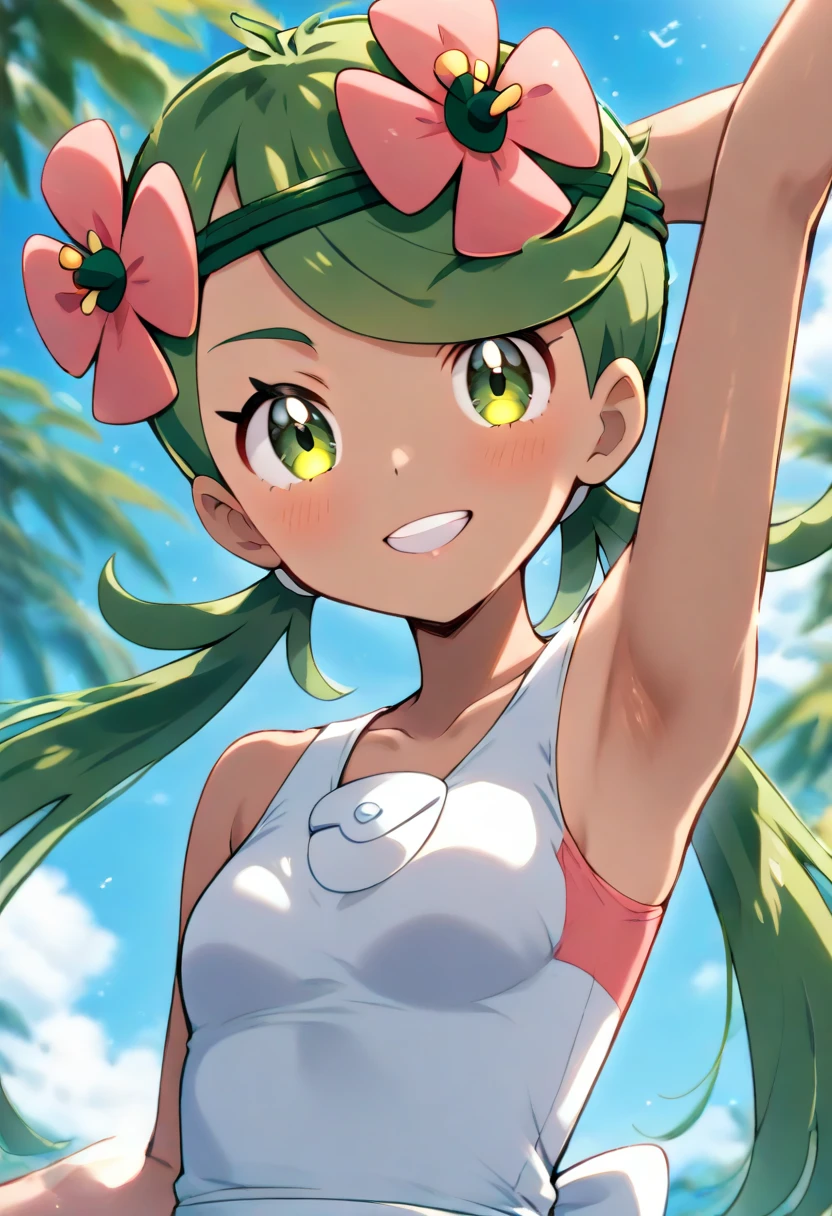 (Masterpiece), Best Quality, ultra-detailed, 1girl(zodiac_mallow , lovely small breasts, dark skin , green hair, long hair, twintails, headband, pink flower in hair, green eyes, ) , wicked smile, solo,   head tilt, , t-shirts(loose,wet, see-through) , white  panty , outdoor, river,  dive into a river, diving,  hands up 