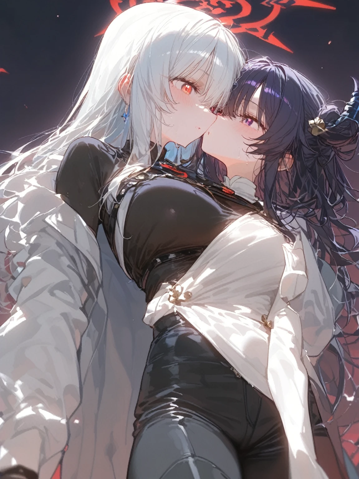 woman with white hair and blue eyes, in black lace bikini, next to a man with brown hair, brown eyes and medium beard, short cuts, black color with red stripe, the two of them together and hugging very happily.
