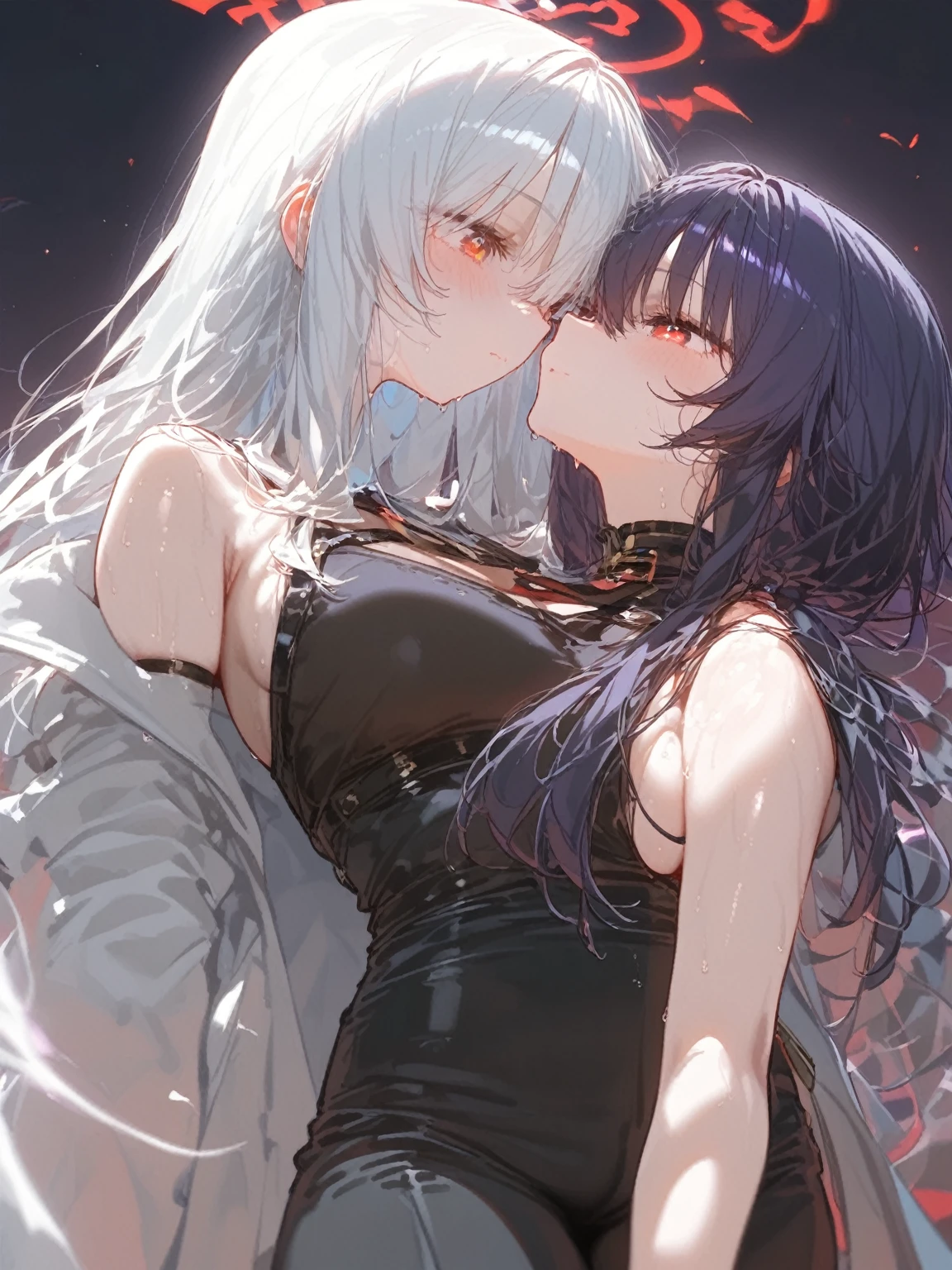 Anime couple in bikini, anime style 4 K, anime wallpaper 4 K, anime wallpaper 8 K, 4K anime wallpaper, anime art wallpaper 4 K, anime art wallpaper 4K, 4K manga wallpaper, Gwaitz, Los Tran and Makoto Shinkai style artwork, female and female couples hugging each other as the starry sky sparkles, (kiss:1.5), (huge breasts:1.5), Capture the moment of exchanging kisses. The scene is depicted in an anime-inspired style, meticulously drawn in every detail and presented in 16k high resolution. The lighting is fantastic, with the intersection of starlight and moonlight, softly illuminating the couple. The colors take advantage of the contrast between the vivid colors of the bikini and the deep blue and white of the starry sky. near nthe shore, isolated shore, light of a town far away in the horizon, For compositions, use a medium telephoto lens and make sure the couple is centered on the screen. , shooting stars, detailed facial details