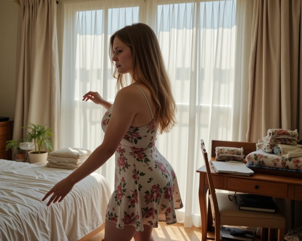 ((best quality)), ((​masterpiece)), (detailed), 1 girl, in a breezy summer dress, a picture for Instagram and glasses, hands should be visible
and blonde hair, view from side, in the office