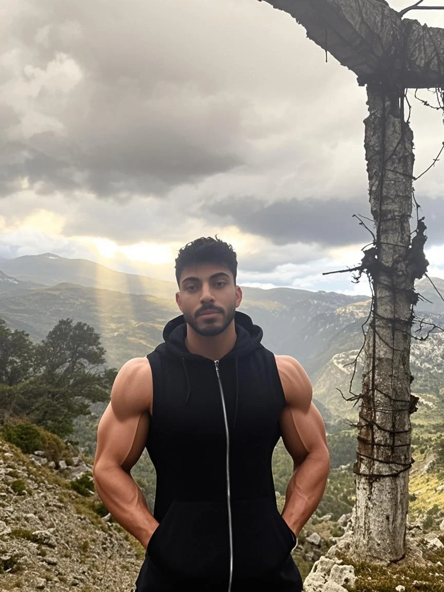 there is a man standing on a roof with a surfboard, on rooftop, fit pic,4k quality picture, standing on rooftop, hills in the background, in a rooftop, on a rooftop, very accurate photo, with a city in the background, full body picture, standing on a rooftop, without beard, moutain in background