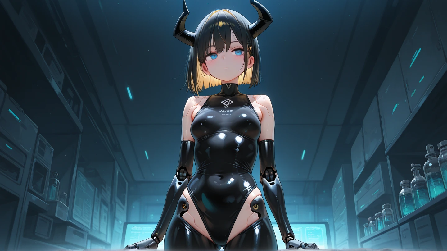 ((gloomy biopunk atmosphere)), (beautiful anime biopunk girl), (dark gray skin), lamp glowing eyes, very long brown hair, short clothing, steel dots in skin, cold lighting, (scorn videogame style), horror atmosphere, presence of something terrible, biopunk background, background by Hans Giger, perfect anatomy, masterpiece