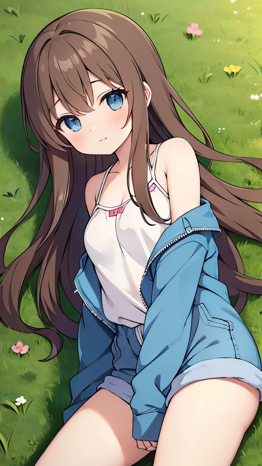 An anime girl, with long brown hair, hazel blue eyes, cute, wearing a worn open jacket and a denim romper, bare smooth legs laying on the grassbed, leg action.