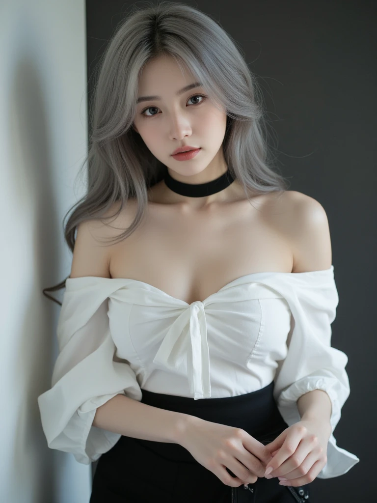 (Photorealistic:1.8, Highest quality:1.8,8K masterpiece:1.8,High resolution,Mastepiece:1.8,RAW Photos,Cinematic lighting)、Detailed Background、((Flat Color))、((colorful))、morning、Cafe、Window light、（A female secretary holding a coffee cup)、TWICE&#39;s Tzuyu&#39; on pause、Angle seen from behind、
（choker、Glasses、big chest、White shirt、Black Mini Skirt、Beautiful thighs、Beautiful hips）、（A rich expression）、(Medium Hair、Beautiful, shining red, white, brown and silver hair:1.5)、Sparkling Blue Eyes、Random Pause