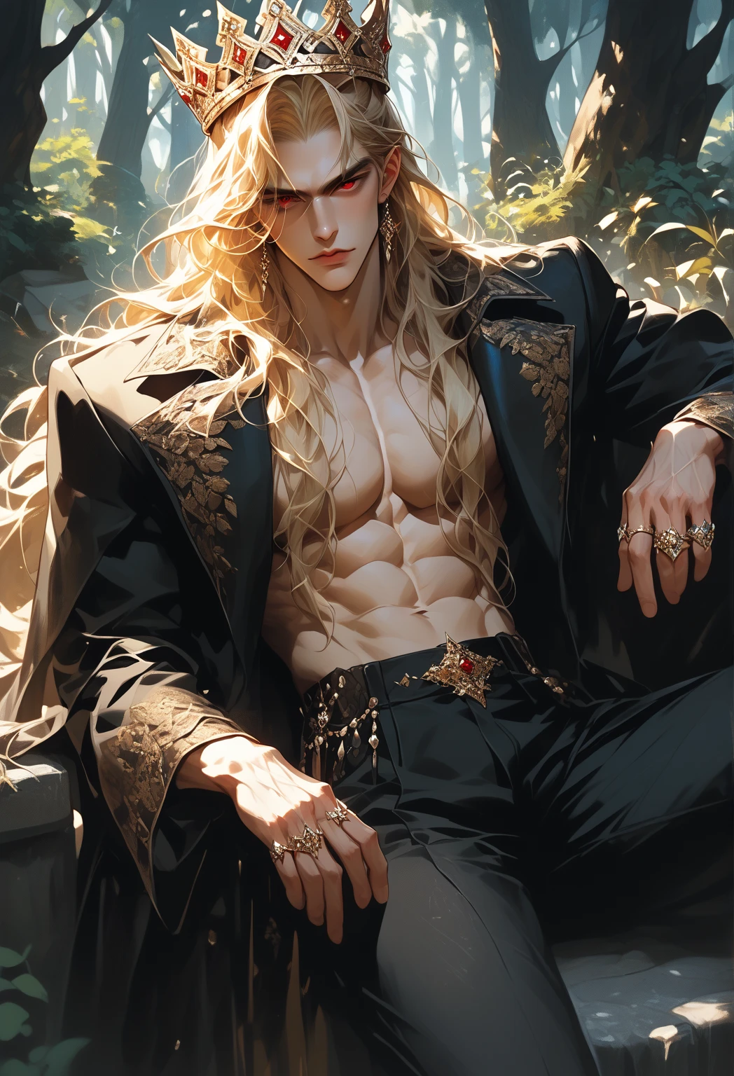 best quality,masterpiece,Ultra-high resolution,1 handsome young sexy topless blond manly man,looking at the audience,one,Yamamoto Takashi style, flower,
simple background with fog,black_background,Machinery Division,Cold-blooded man,tough guy style,Ice cooler,countless blades