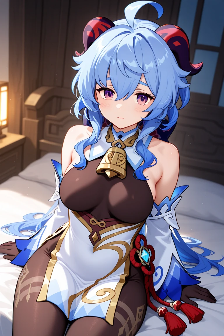 (masterpiece), best quality, expressive eyes, perfect face,Mature female,1 girl (ganyu,Genshin impact),(belly dancer outfit,exposed midriff,topless),royal bedroom background,medium breasts,smile,topless,nipple,slim figure,