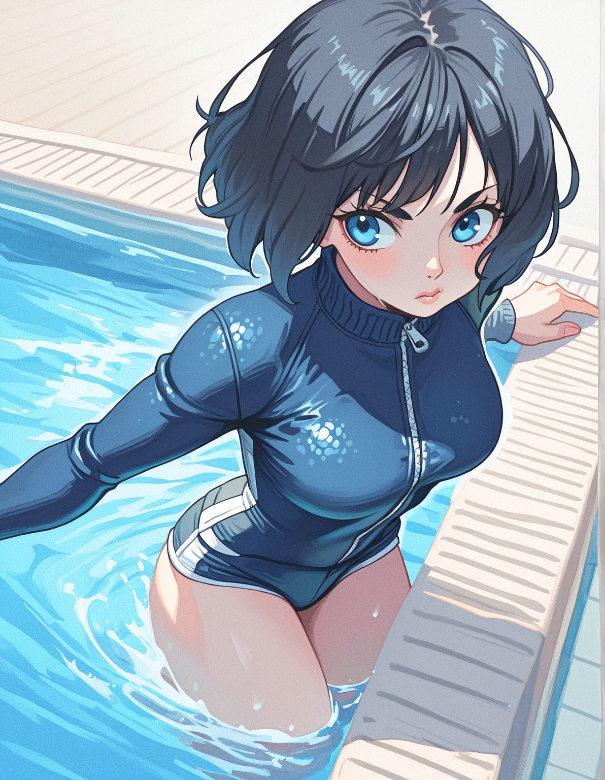 (highres, best quality:1.2), 1girl, blue, swimsuit, open legs, wet legs, wet swimsuit, wet body.