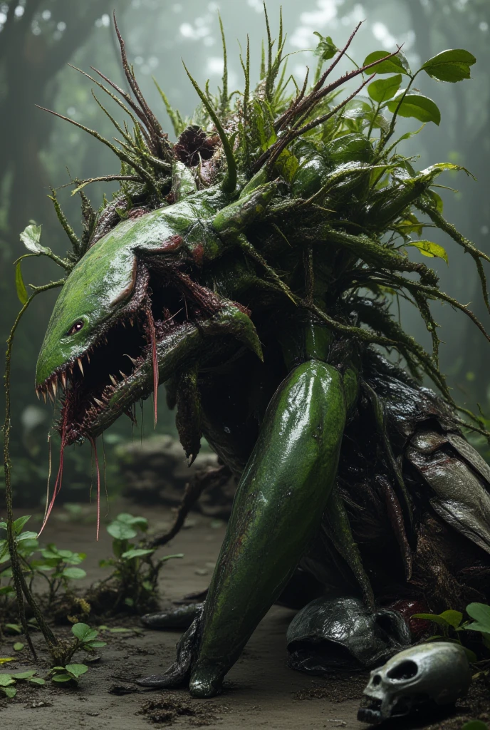 cinematic shot of deadly plant alien, no eyes, big open mouth with sharp teeth, slime and deadly spores running out of the mouth, standing inside a alien forest with exotic plants, HD, masterpiece, best quality, hyper detailed, ultra detailed,