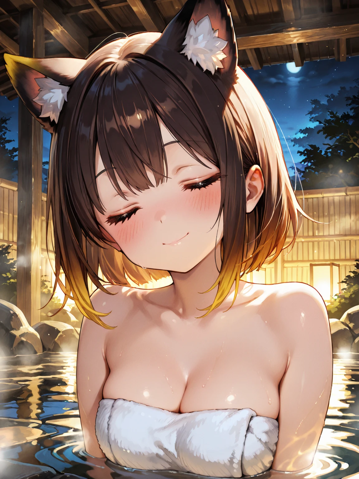 ,girl,best image quality,Cat ear,black hair,cat tail,blue eyes, white skin,,short hair,bob cut,sharp eyes,,wet with sweat,red cheeks,chest,naked,,relax,Weakness,bath,hot spring,cherry blossoms,,,,,