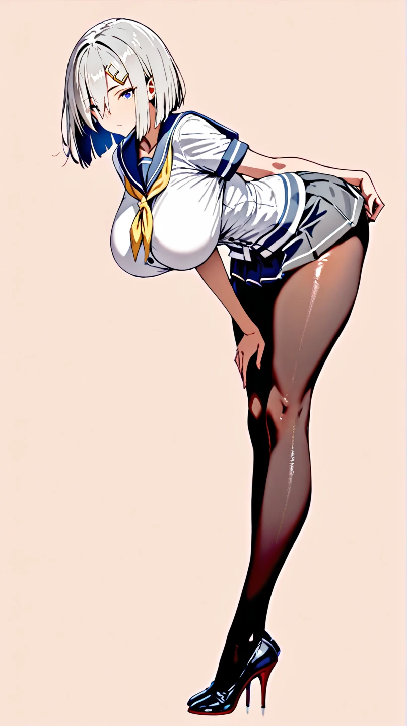 18-year-old,shiny navy hair,short hair,Parted bangs,Yellow Eyes,Large Breasts,Small waist,Big Ass, See-through sailor suit,Navy blue mini skirt,Ultra-thin black pantyhose,Flashy red underwear through pantyhose, ,standing split