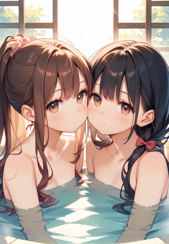 Super detailed, best quality, High resolution, moe-anime, ((Two cute little naked girls with dark hair and round glasses hug each other)), ((baby face)), Tareme:1.4, cute eyes, detailed eye description, brilliance of eyes, Looking at Viewer, pale skin, (((petite))), (Big eyes:1.5), smile, focus on the face, at the pool, (((face only:1.3))), ((naked)), Bright eyes, from above, open mouth