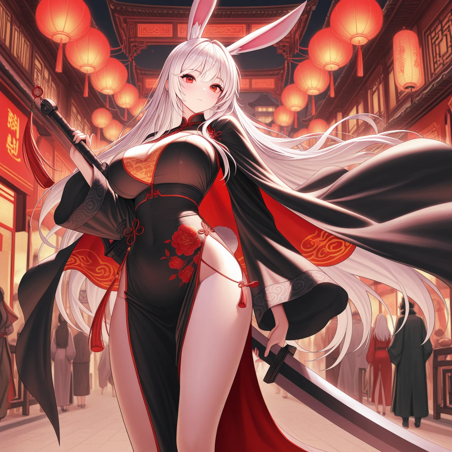masterpiece, best quality, high_resolution, fine detail, very detailed and beautiful, distinct_image, 1 girl, Solo, ,silver-haired,front-facing, red eyes, (huge breastiniskirt,thighhigh, curvaceous,torii,cherry blossom,