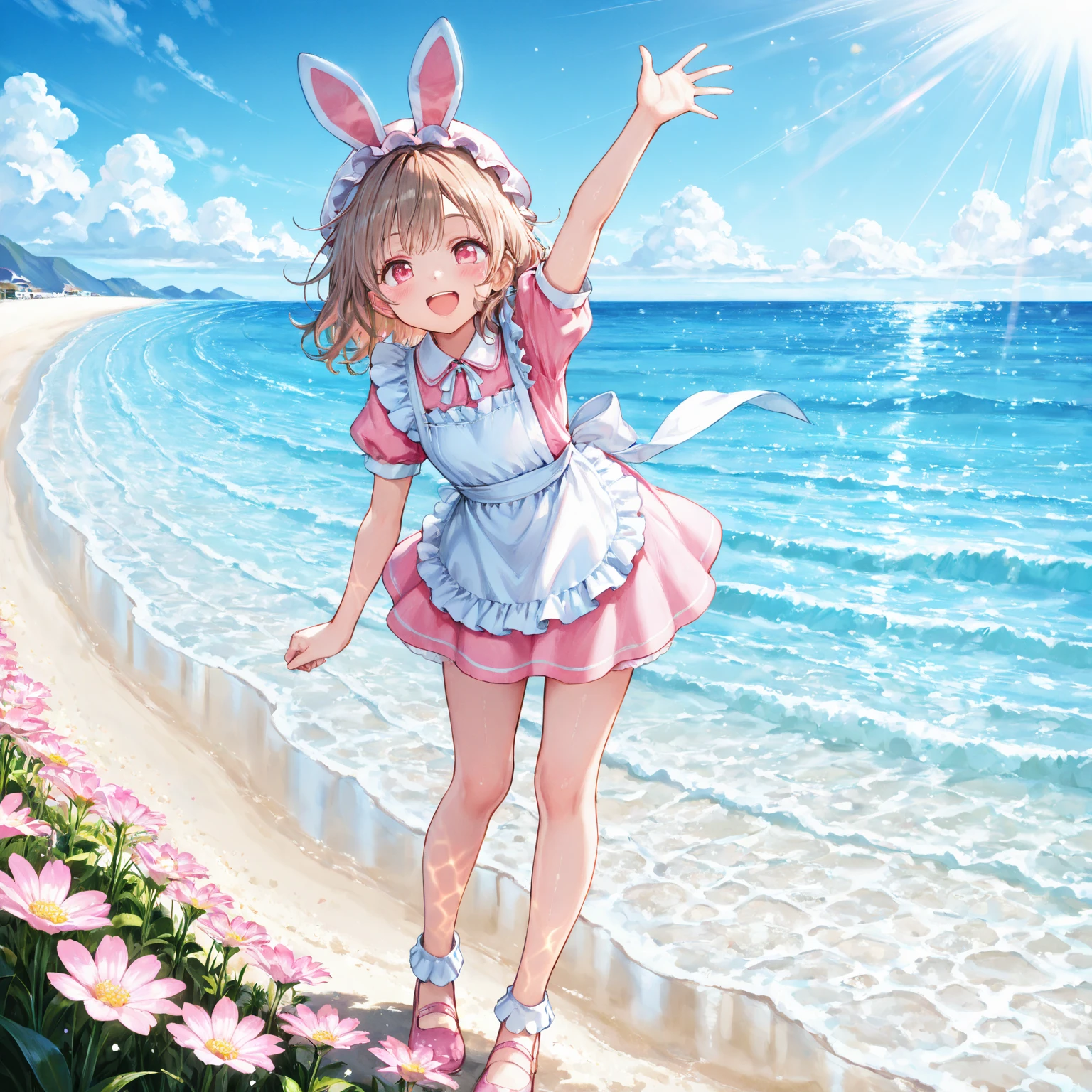 (Highly detailed CG Unity 8k wallpaper), (Best Quality), (Super Detail), (Best Illustration), (Best Shadow), POV, Realistic lighting and shading, Natural light, Lens flare effect,

 BREAK, 1 beautiful girl, Solo,(Cute:1.5),(Chibi:0.8), (kawaii:1.5),(Lori:0.5),
((girl, Cute, Graceful, Loli face)) ,(medium breasts),(Orange Eyes:1.2),(A pink-haired,short twintails,tareme:1.2), gleaming skin,Stuffed rabbit,

BREAK,(Rabbit ear headband:1.5),(Wet Casual Beachwear:1.2), (Lightweight summer dress with torn breasts,Illustrated carrots:1.2), (Light blue eyeshadow:1.0), (Beautiful barefoot like a goddess:1.0), (Earrings in the shape of a moon:1.1), (Lace headband:1.0), (Cute Accessories:1.3), ((*´◒`*):1.1), (Sprint:1.3), (Tsunami-ravaged beach in the background:1.3), 

 BREAK,🌇,