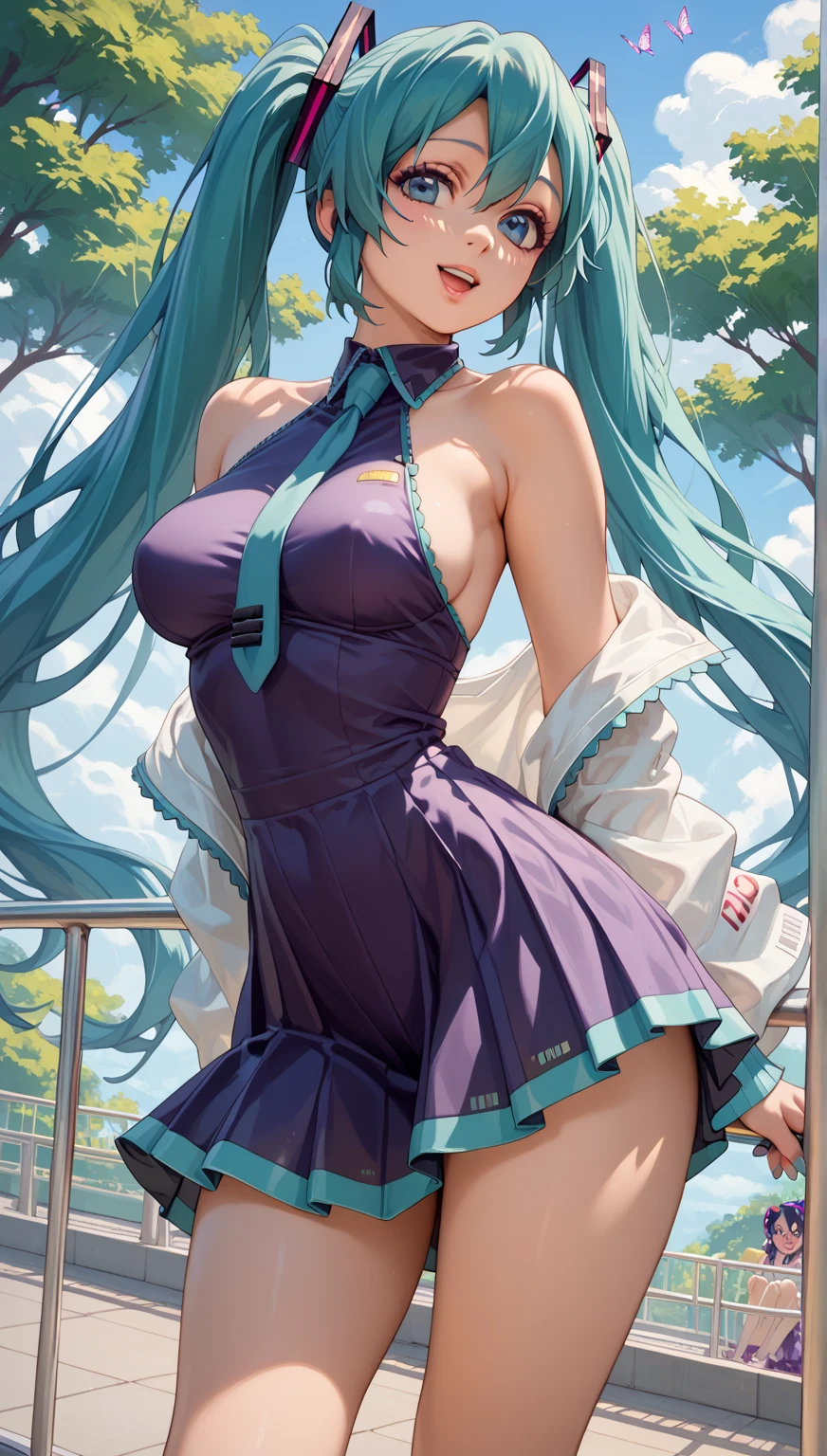 girl in a black dress with blue hair and a bow tie, bulma from dragon ball, sona is a slender, seductive girl, girl with teal hair, is wearing a swimsuit, nami one piece, ????? style, wet swimsuit, mikudayo, cell shaded adult, moe artstyle